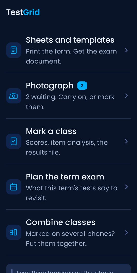 TestGrid's home screen, with Photograph showing 2 papers waiting