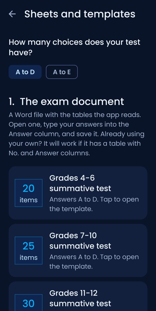 TestGrid's Sheets and templates screen, offering 20, 25 and 30-item exam templates
