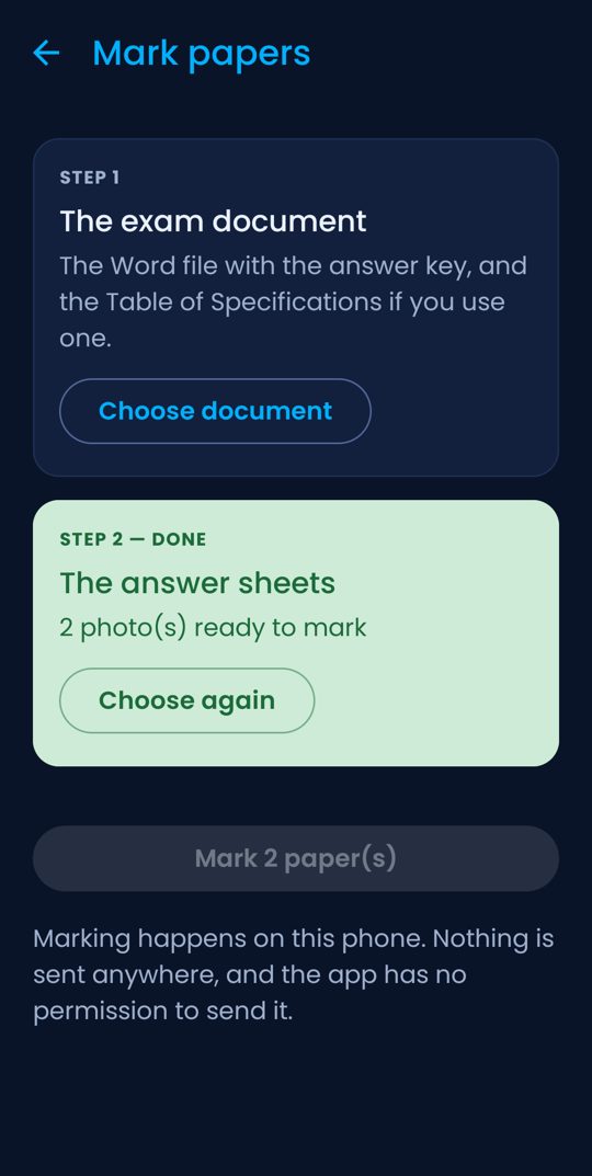 TestGrid's Mark papers screen: choose the exam document, then the answer sheets