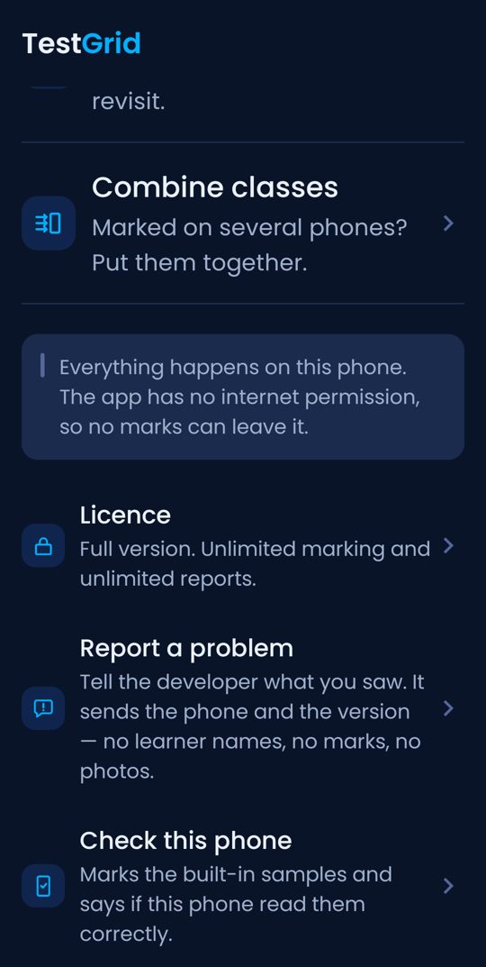 TestGrid's menu, with Combine classes and Check this phone